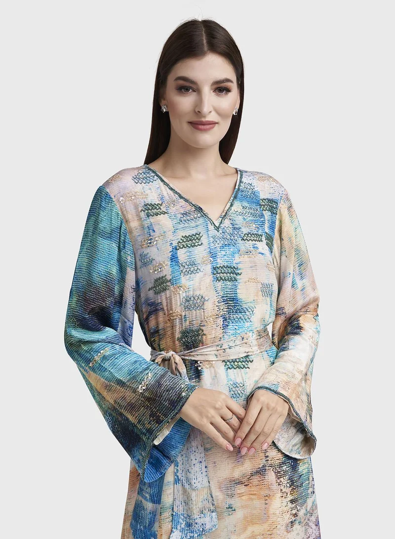 Kashkha Multicolour Viscose Crepe Abstract Print Dress (VDX13)