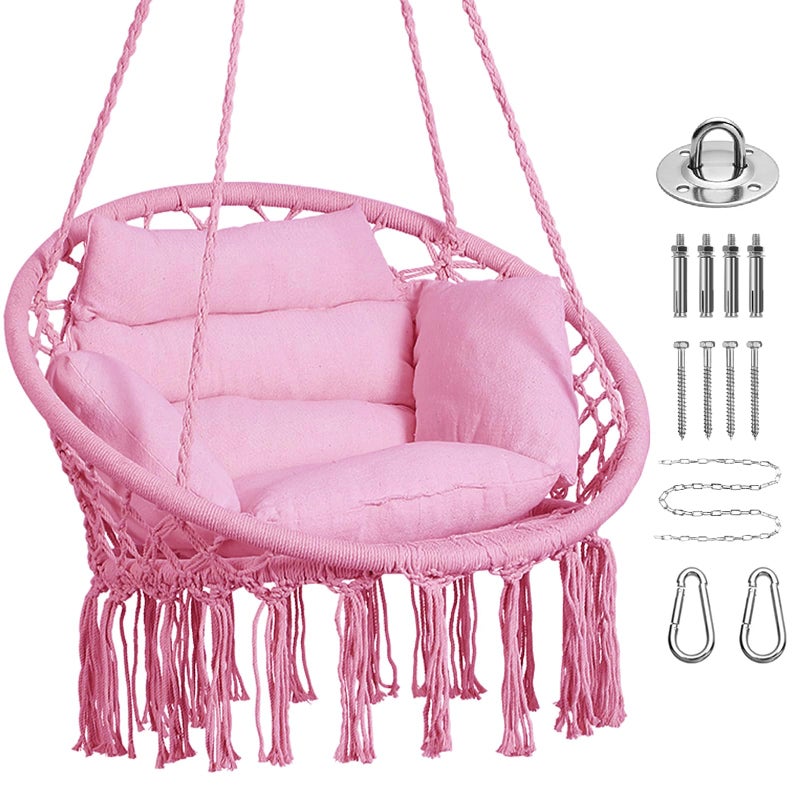 Goutime Hammock Chair, Macrame Hanging Swing Chairs with Cushion and Hardware Kit,Adult Boho Swings for Outside,Patio,Balcony,Bedroom (Pink) - Image 1