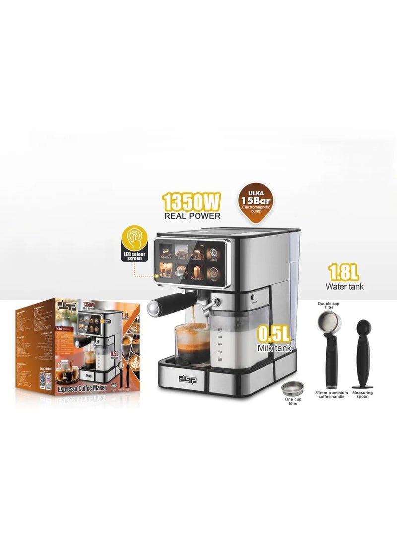 DSP Professional Coffee and Espresso Machine with 1.8L Water Tank and 0.5L Milk Tank KA3149 - Image 2