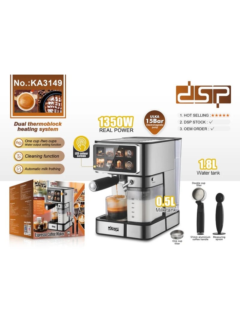 DSP Professional Coffee and Espresso Machine with 1.8L Water Tank and 0.5L Milk Tank KA3149 - Image 3