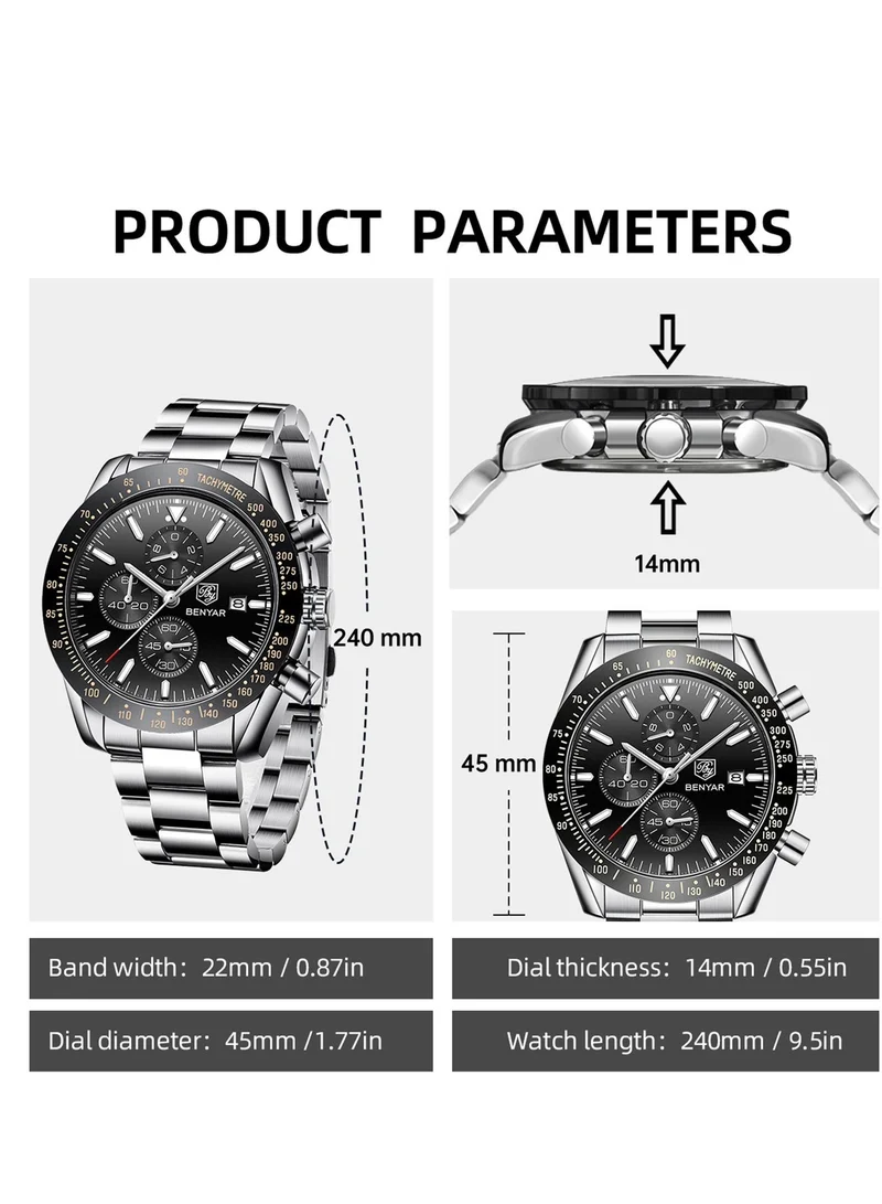 BENYAR  BY BENYAR Mens Watches Analog Quartz Chronograph Waterproof Watch for Men Business Work Sport Casual Classic Stainless Steel Dress Men's Wrist Watches Elegant Gifts for Men for Men | Best Price UAE