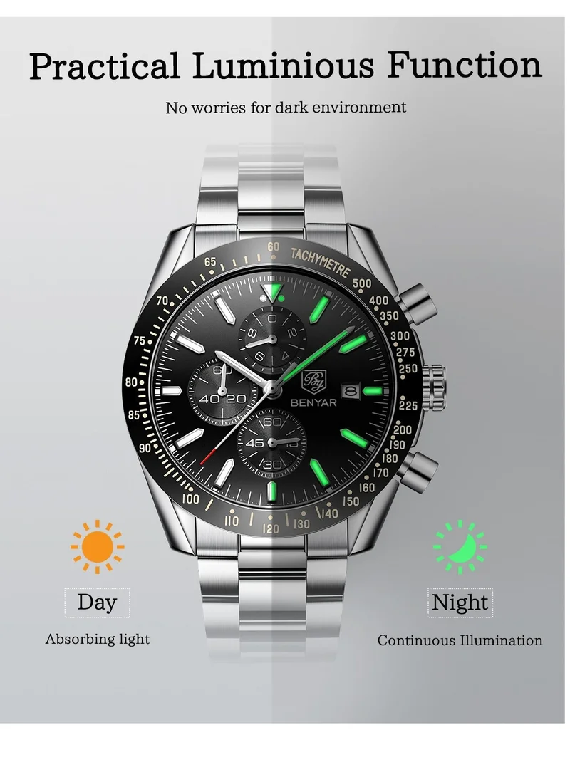 BENYAR  BY BENYAR Mens Watches Analog Quartz Chronograph Waterproof Watch for Men Business Work Sport Casual Classic Stainless Steel Dress Men's Wrist Watches Elegant Gifts for Men for Men | Best Price UAE