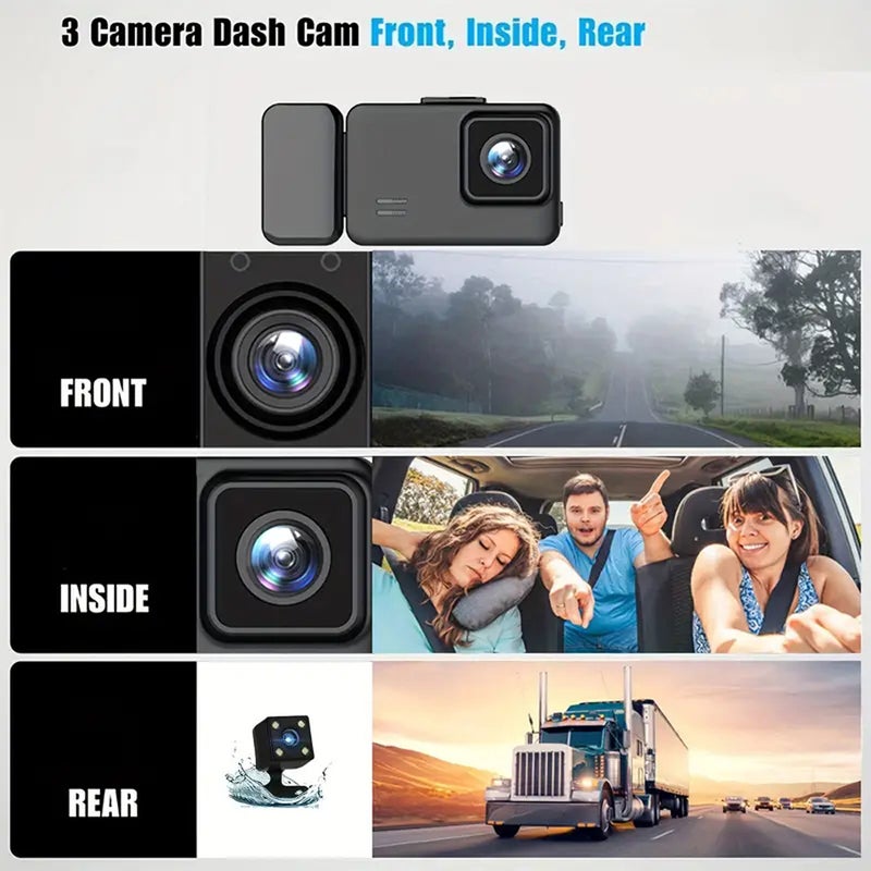 1080P Car DVR Dash Camera Front & Inside & Rear Camera 3-Lens Driving Recorder 2 Inch Screen Dashcam Support Night-Vision/Parking Monitoring/Collision Locking/Loop Recording/Reversing Image - Image 3
