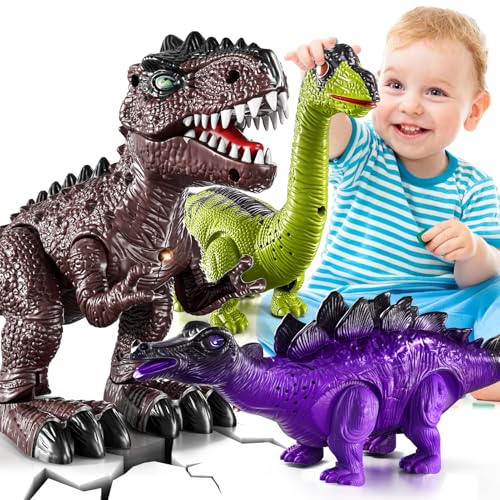 BLmukce 3Pack Electronic Walking Dinosaur Toys for Toddlers 24 Moving Dinosaurs Toys with Lights Roaring Sounds TRex Brachiosaurus Stegosaurus Xmas Birthday Gift for 2 3 4 5 6 Years Old Boys - Image 1