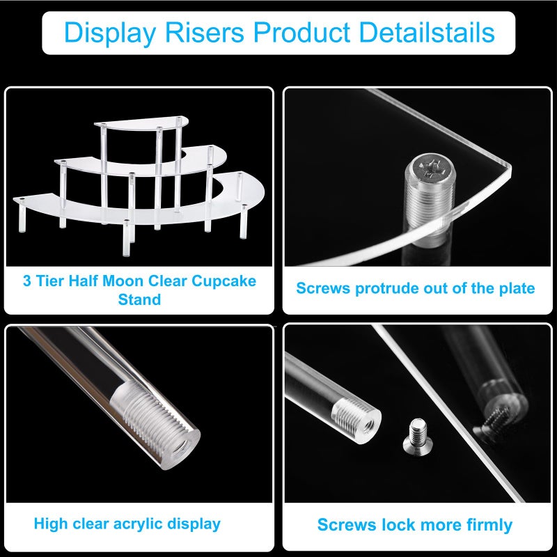 HENABLE Acrylic Display Riser - 3 Tier Clear Cupcake Stand, Perfume Organizer, Half Moon Dessert Stand, Shelf for Food, Amiibo Funko POP Figure Display - Image 5