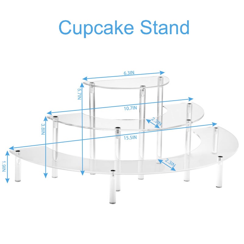 HENABLE Acrylic Display Riser - 3 Tier Clear Cupcake Stand, Perfume Organizer, Half Moon Dessert Stand, Shelf for Food, Amiibo Funko POP Figure Display - Image 4