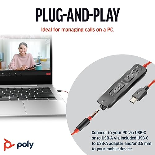 Poly سماعة رأس سلكية بولي بلاكواير 3325 (بلانترونيكس) - ذراع ميكروفون مرنة - ستيريو عالي الدقة - الاتصال بجهاز الكمبيوتر/ماك/الجوال عبر USB-C أو USB-A أو 3.5 مم - تعمل مع تيمز وزوم - حصرية أمازون - Image 4