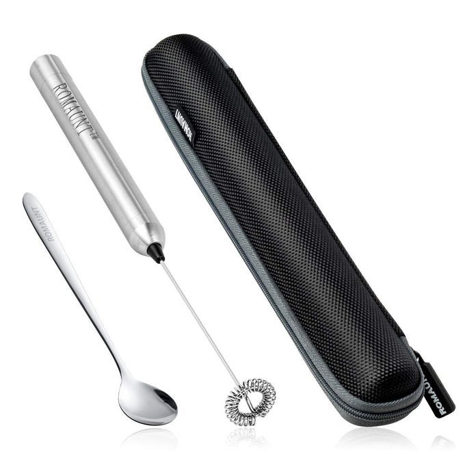 HANDHELD MILK FROTHER ELECTRIC BATTERY OPERATED PORTABLE MILK FOAMER FOR COFFEE LATTE 304 STAINLESS STEEL WHISK WITH PROTECTIVE CASE MIX SPOON FOR TRAVELING OR CAMPING