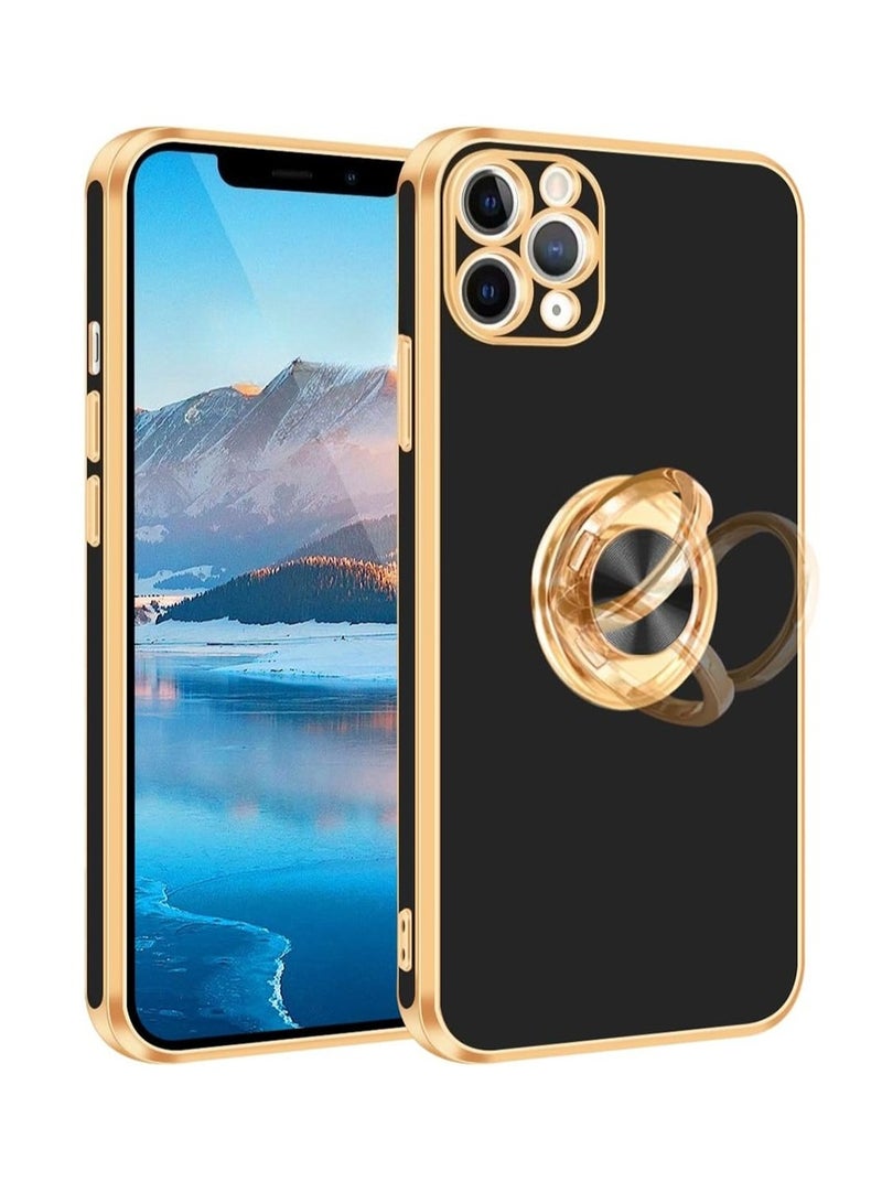 WRISTWISE Case Cover for iPhone 11 Pro Max with Ring Stand, 360° Rotatable Ring Holder Magnetic Kickstand Gold Edge Slim Soft TPU Shockproof Protective Cover Case for Women Men, Black - Image 1