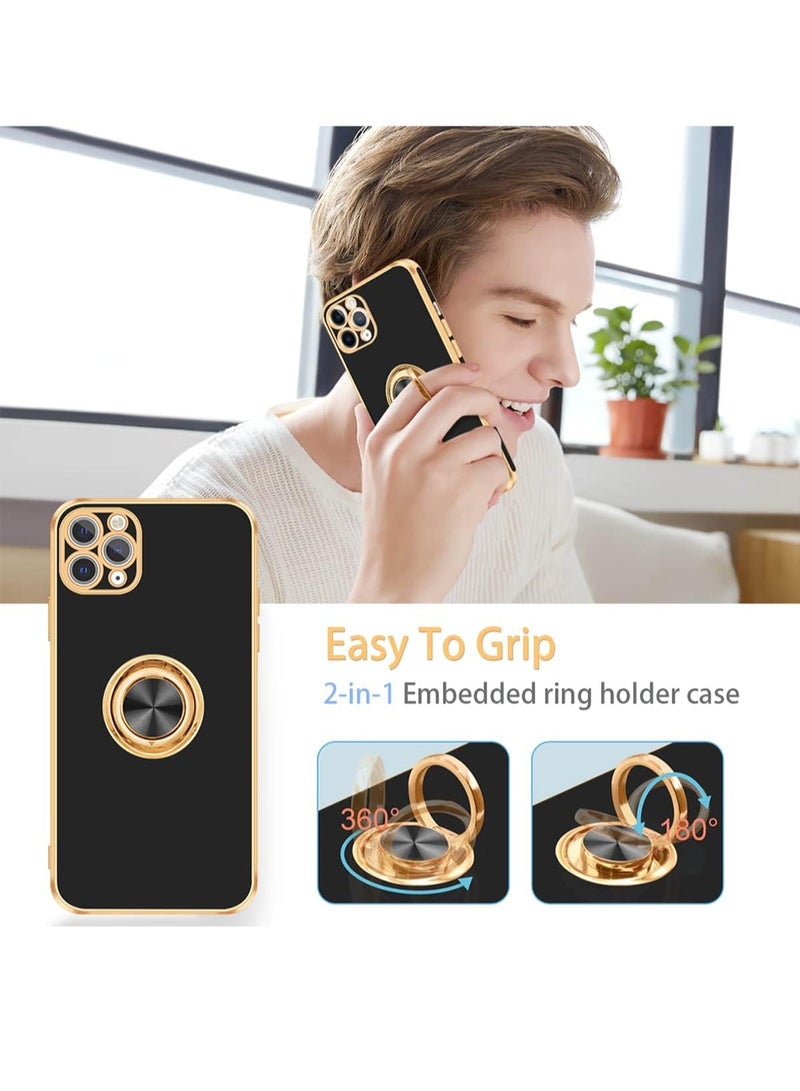 WRISTWISE Case Cover for iPhone 11 Pro Max with Ring Stand, 360° Rotatable Ring Holder Magnetic Kickstand Gold Edge Slim Soft TPU Shockproof Protective Cover Case for Women Men, Black - Image 2