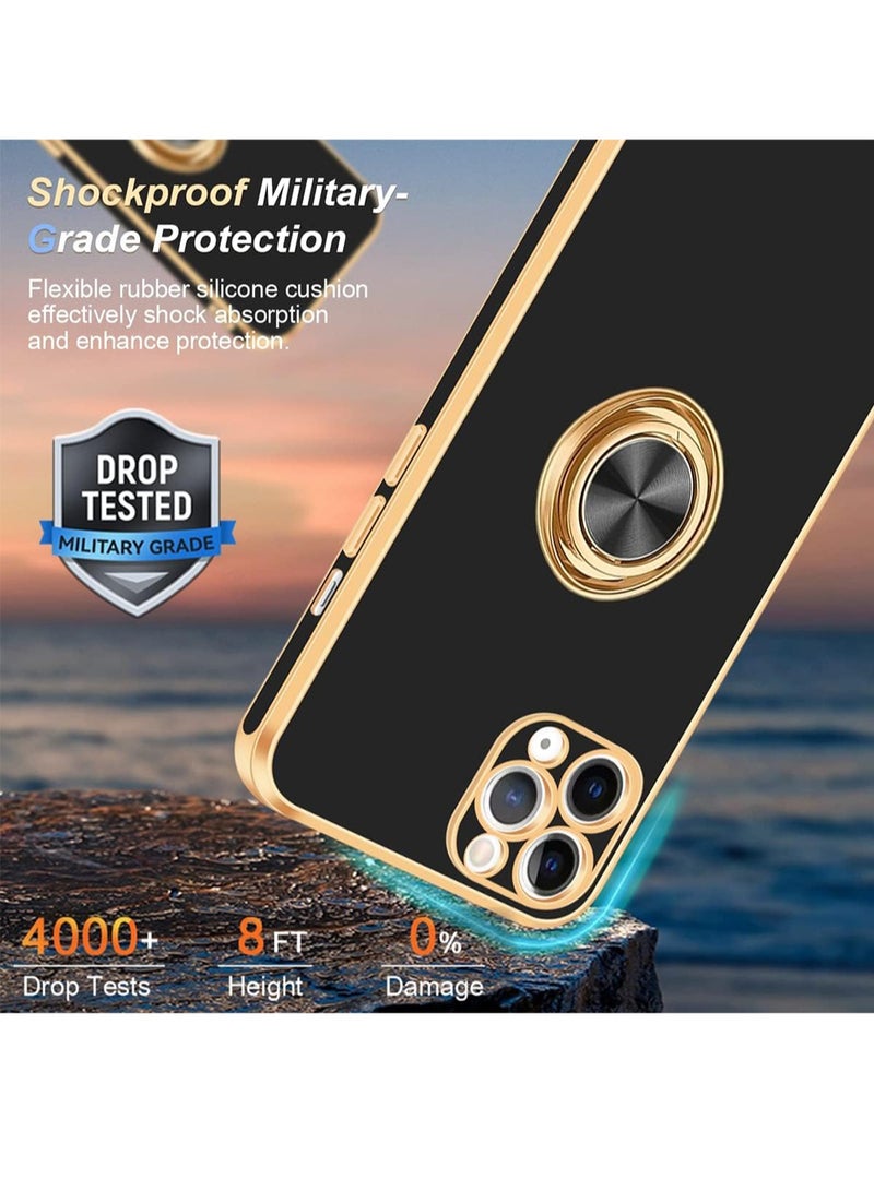 WRISTWISE Case Cover for iPhone 11 Pro Max with Ring Stand, 360° Rotatable Ring Holder Magnetic Kickstand Gold Edge Slim Soft TPU Shockproof Protective Cover Case for Women Men, Black - Image 3