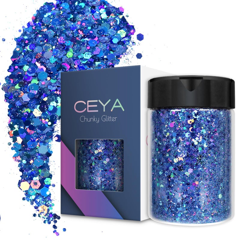 Ceya Holographic Chunky Glitter 49oz 140g Royal Blue Craft Glitter Powder Mixed Chunky Fine Flakes Iridescent Nail Sequins for Nail Hair Epoxy Resin Tumblers Slime Painting Festival Decor