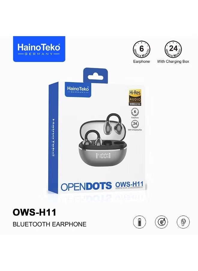 Haino Teko OWS-H11 OpenDots Hi-Res Wireless Bluetooth Earphones with LED Display, Multi-Functional Touch Controls, Built-in Microphone, Fast Charging, and Superior Sound Quality – Black - Image 5