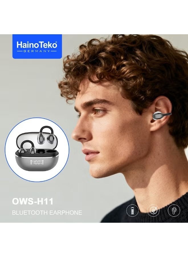 Haino Teko OWS-H11 OpenDots Hi-Res Wireless Bluetooth Earphones with LED Display, Multi-Functional Touch Controls, Built-in Microphone, Fast Charging, and Superior Sound Quality – Black - Image 2