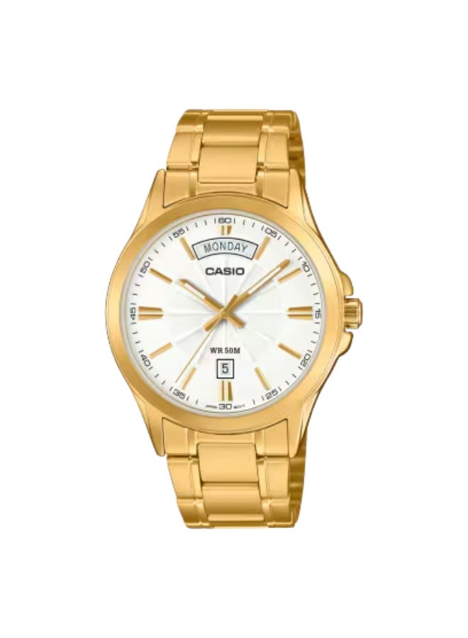 CASIO MTP-1381GD-7AVDF Men’s Gold-Tone Stainless Steel Bracelet Watch – White Dial, Day-Date Display, 50 m Water Resistant, Quartz Analog (Classic Dress)