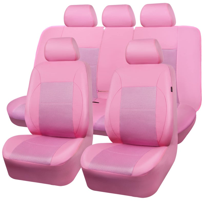 CAR PASS Pink Leather Seat Cover Automotive Breathable Universal Car Seat Cover Set PackageSuper 5mm Sponge InsideAirbag Compatible Interior Cover Cute for Women Car Truck Van All Pink