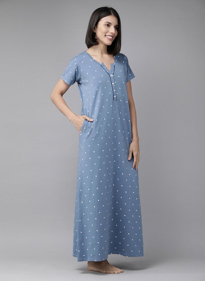 Zeyo Blue Printed Maxi Cotton Nightdress - Image 4