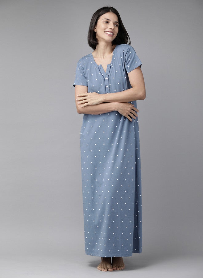 Zeyo Blue Printed Maxi Cotton Nightdress - Image 2