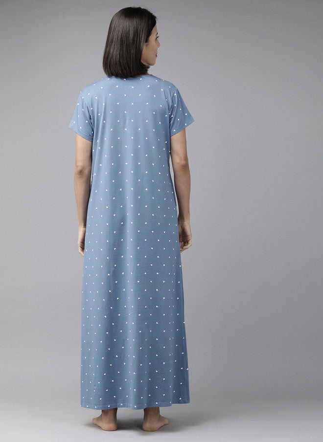 Zeyo Blue Printed Maxi Cotton Nightdress - Image 5