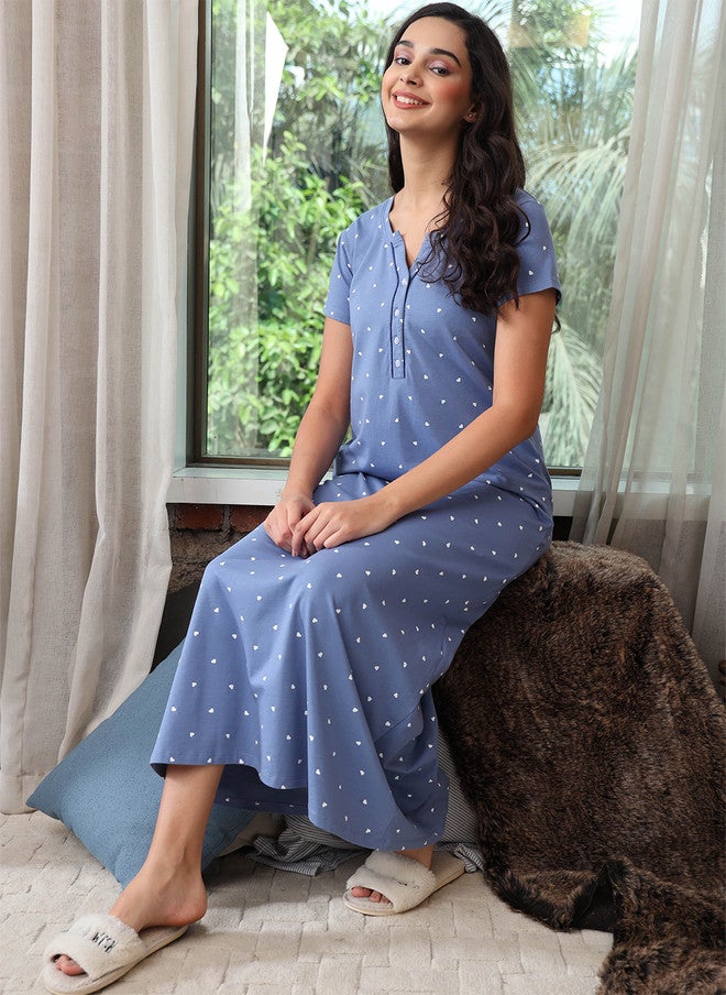 Zeyo Blue Printed Maxi Cotton Nightdress - Image 1
