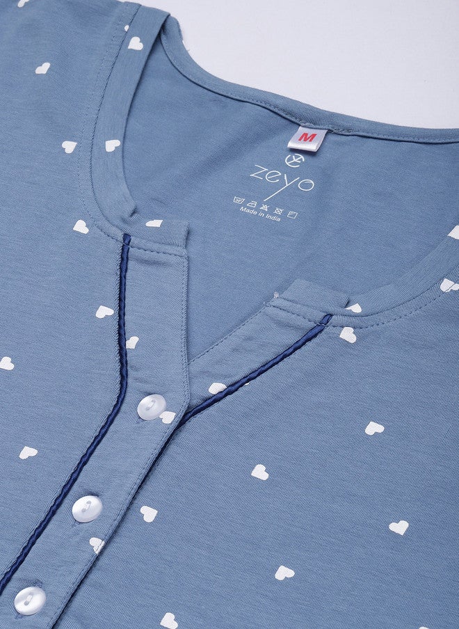 Zeyo Blue Printed Maxi Cotton Nightdress - Image 3