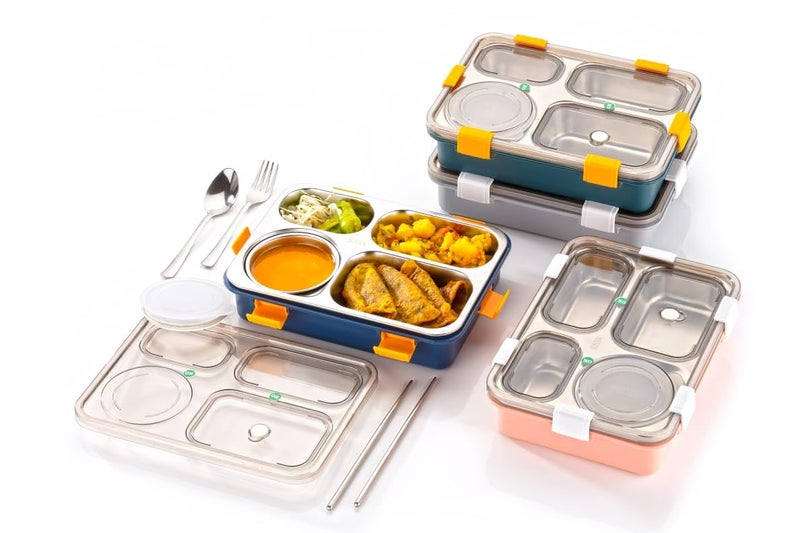 Clazkit Lunch Box 3 Compartment Leak-Proof BPA Free Stainless Steel, Lunch Box for Kids, Lunch Box for School & Office with a Fork, a Spoon and a Pair of Chopsticks (Blue) - Image 3