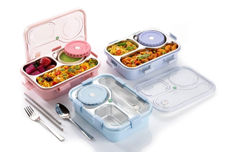 Clazkit Lunch Box 3 Compartment Leak-Proof BPA Free Stainless Steel, Lunch Box for Kids, Lunch Box for School & Office with a Fork, a Spoon and a Pair of Chopsticks (Blue) - Image 2