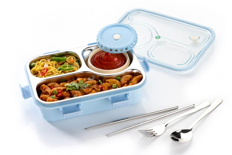 Clazkit Lunch Box 3 Compartment Leak-Proof BPA Free Stainless Steel, Lunch Box for Kids, Lunch Box for School & Office with a Fork, a Spoon and a Pair of Chopsticks (Blue) - Image 1