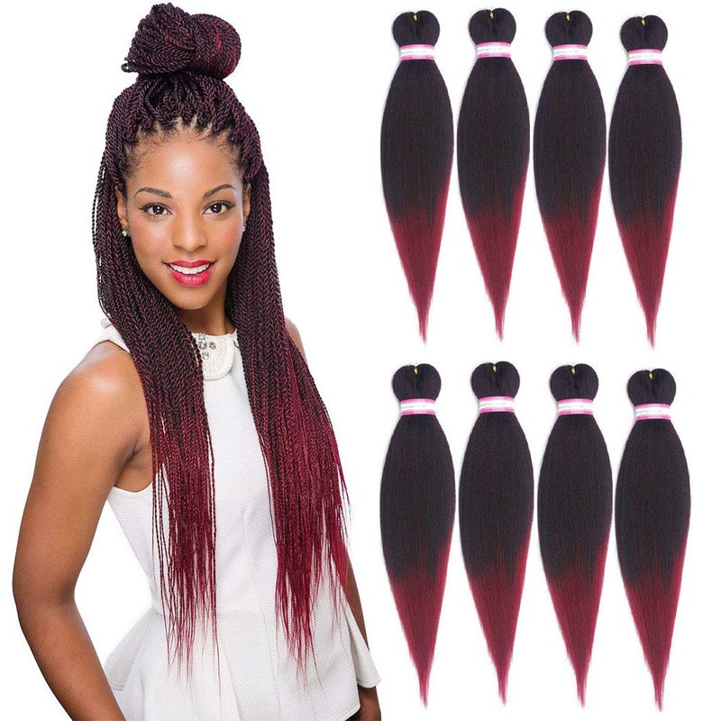 Dorsanee Ombre Burgundy Braiding Hair Pre Stretched 24 Inch 8 Packs Braiding Hair Extensions for Crochet Box Braids Twists Locs Hair Itch Free Soft Yaki Texture Hot Water Setting 24inch1BBug