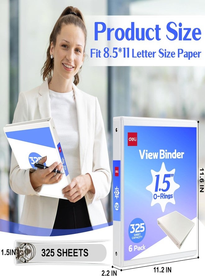 Deli 1.5-inch 3 Ring Binder with 2 Interior Pockets, 325 Sheets Capacity, 1.5 inch Binders fits 11" x 8.5" US Letter Size, White, 6 Pack - Image 2