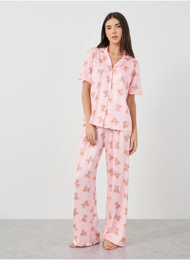 تايك تو Take Two Bear Print Short Sleeve Shirt and Pyjama Set