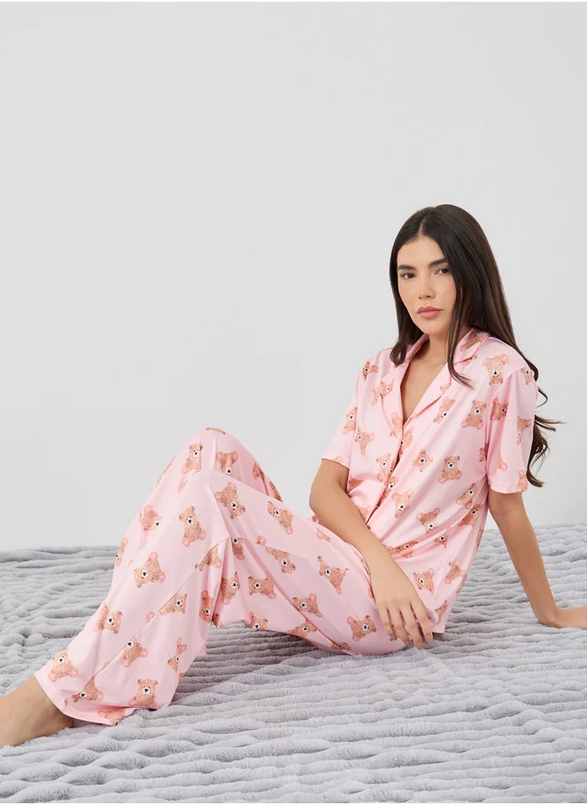 تايك تو Take Two Bear Print Short Sleeve Shirt and Pyjama Set