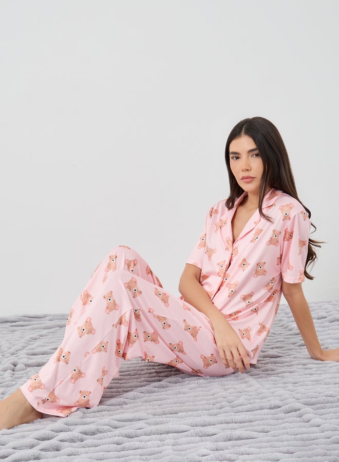 Take Two Take Two Bear Print Short Sleeve Shirt and Pyjama Set - Image 1