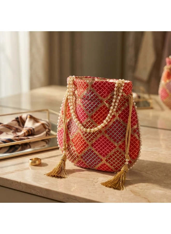 Mobcos Mobcos Orange Gold Chex Floral Print Potli Bag Mobcos Orange Gold Chex Handcrafted Indian Embroidered Mirror Work Potli Bag for Women | Premium Silk Blend Ethnic Drawstring Handbag with Pearl Handle | Wedding, Bridal, Party & Festive Purse for Women | Best Price UAE