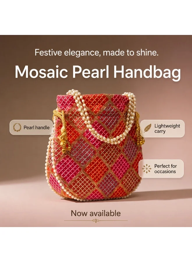 Mobcos Mobcos Orange Gold Chex Floral Print Potli Bag Mobcos Orange Gold Chex Handcrafted Indian Embroidered Mirror Work Potli Bag for Women | Premium Silk Blend Ethnic Drawstring Handbag with Pearl Handle | Wedding, Bridal, Party & Festive Purse for Women | Best Price UAE