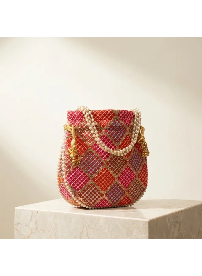 Mobcos Mobcos Orange Gold Chex Handcrafted Indian Embroidered Mirror Work Potli Bag for Women | Premium Silk Blend Ethnic Drawstring Handbag with Pearl Handle | Wedding, Bridal, Party & Festive Purse