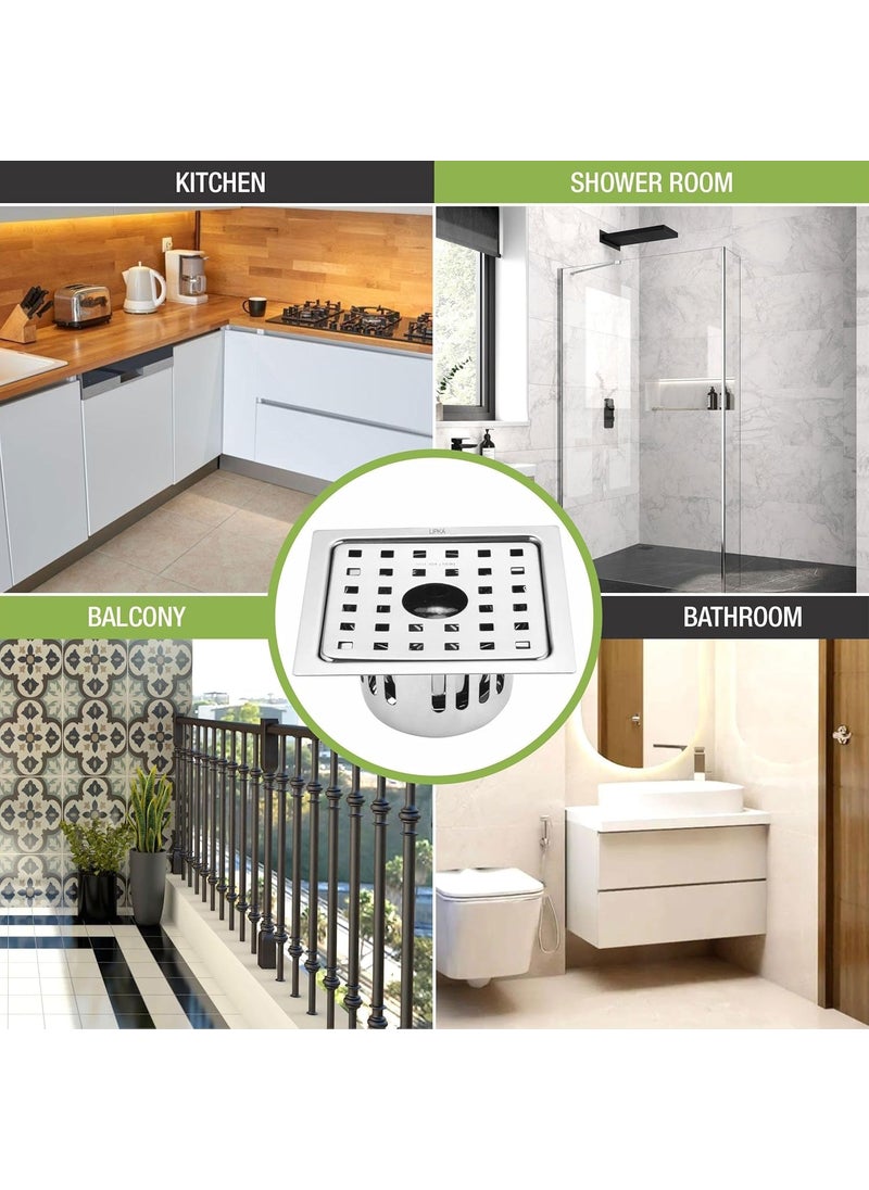 Lipka - LIPKA Square Agni Floor Drain with Cockroach Trap 5 x 5 Inches Floor Drainer 304Grade Stainless Steel Floor Trap Glossy Finish Drain Jali with Hole - Image 1