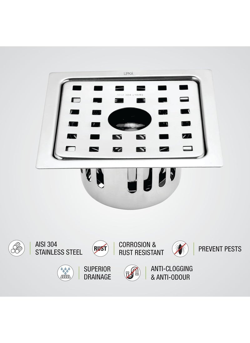 Lipka - LIPKA Square Agni Floor Drain with Cockroach Trap 5 x 5 Inches Floor Drainer 304Grade Stainless Steel Floor Trap Glossy Finish Drain Jali with Hole - Image 1