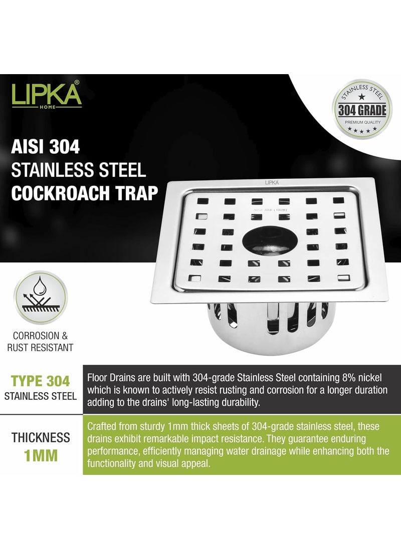 Lipka - LIPKA Square Agni Floor Drain with Cockroach Trap 5 x 5 Inches Floor Drainer 304Grade Stainless Steel Floor Trap Glossy Finish Drain Jali with Hole - Image 1