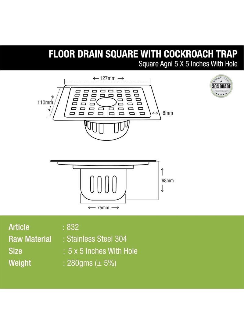 Lipka - LIPKA Square Agni Floor Drain with Cockroach Trap 5 x 5 Inches Floor Drainer 304Grade Stainless Steel Floor Trap Glossy Finish Drain Jali with Hole - Image 1