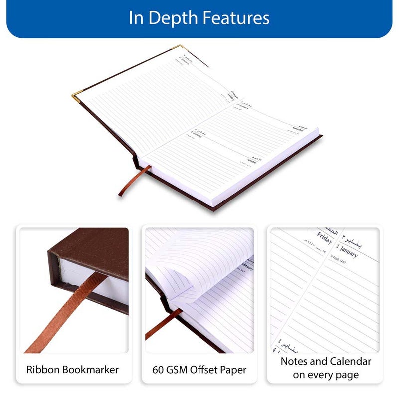 FIS مفكرة FIS 2026، حجم A5 148x210 مم، غلاف فينيل مبطن من جانب واحد، زوايا دائرية ذهبية، يوم واحد في الصفحة مع دمج السبت والأحد، عربي/إنجليزي، 60 جرام - Image 5