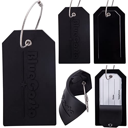 BlueCosto - Luggage Tags - Large, Black, 5 PK - PVC Suitcase Tags w/Privacy Cover & Stainless Steel Wire Loops - Personalized Baggage Identifiers for Travel - Backpack Name Labels - Image 1