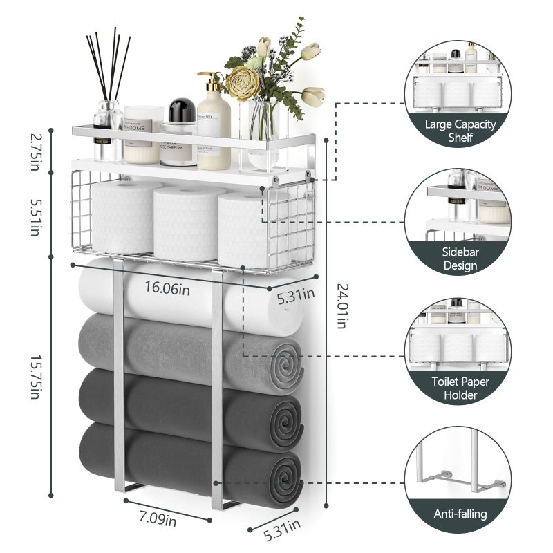 Xstydes Towel Racks for Bathroom, Bathroom Shelf Over Toilet,Floating Shelves with Towel Rack Paper Holder Storage Basket,Floating Shelves for Wall Decor,Silver - Image 5