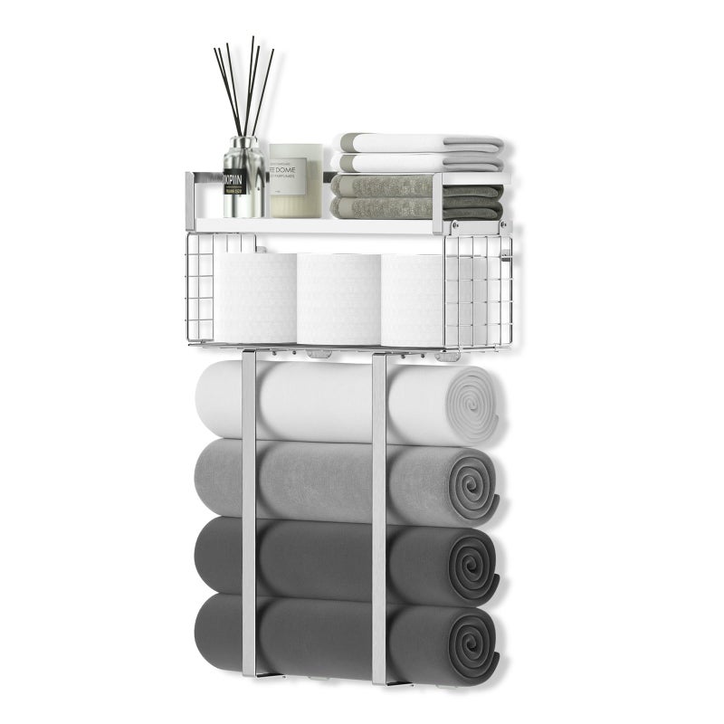 Xstydes Towel Racks for Bathroom, Bathroom Shelf Over Toilet,Floating Shelves with Towel Rack Paper Holder Storage Basket,Floating Shelves for Wall Decor,Silver - Image 1