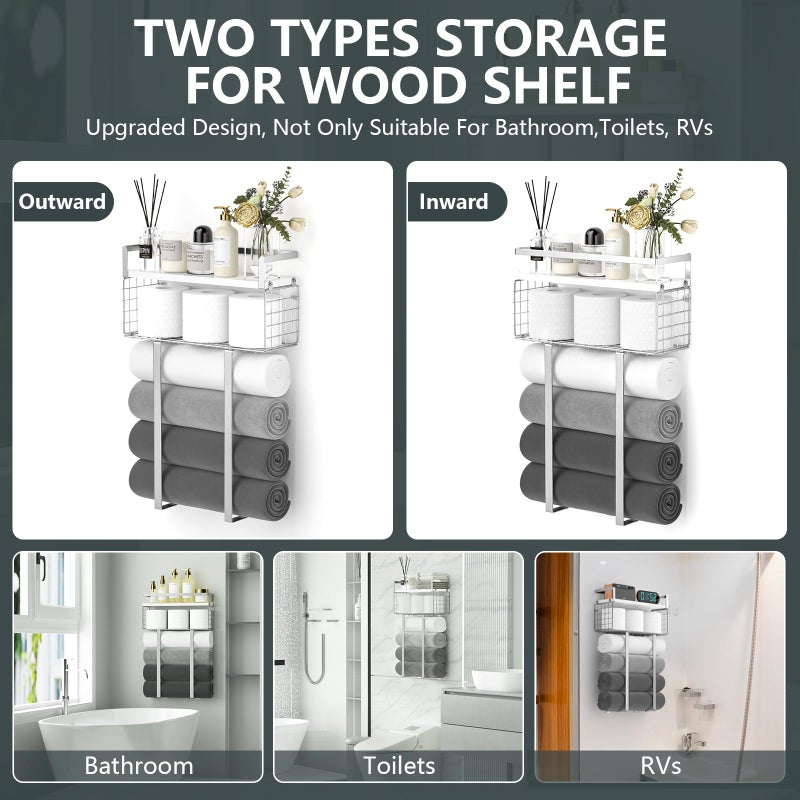 Xstydes Towel Racks for Bathroom, Bathroom Shelf Over Toilet,Floating Shelves with Towel Rack Paper Holder Storage Basket,Floating Shelves for Wall Decor,Silver - Image 4