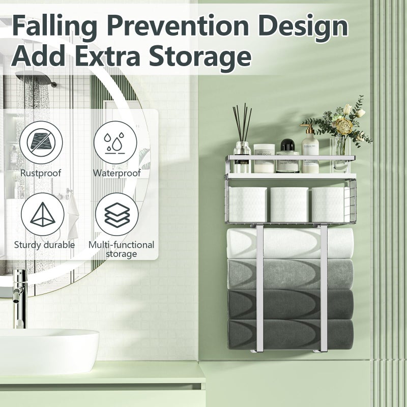 Xstydes Towel Racks for Bathroom, Bathroom Shelf Over Toilet,Floating Shelves with Towel Rack Paper Holder Storage Basket,Floating Shelves for Wall Decor,Silver - Image 3