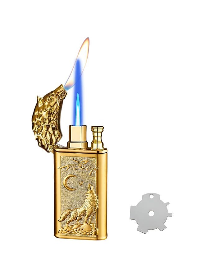 XQBBIDM Torch Lighter, Relief Wolf Design Magic Dual Flame Lighter with Adjusting Flames Tool, Creative Windproof Lighters, Cool Jet Flame Refillable Butane Lighters for Outdoor Indoor-Gold Wolf - Image 1