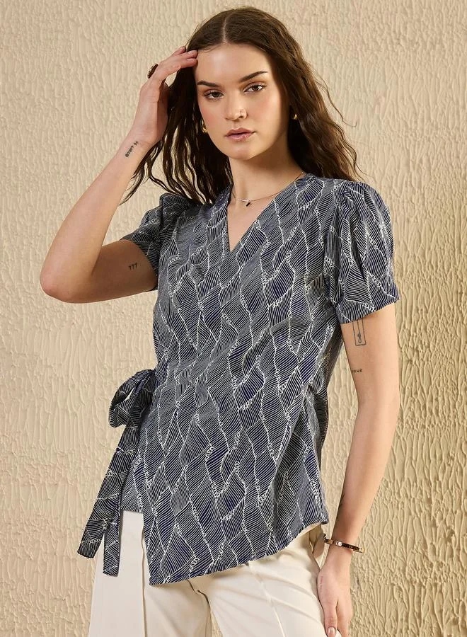sanskrutihomes Sanskrutihomes Geometric Print Puff Sleeve Cotton Top