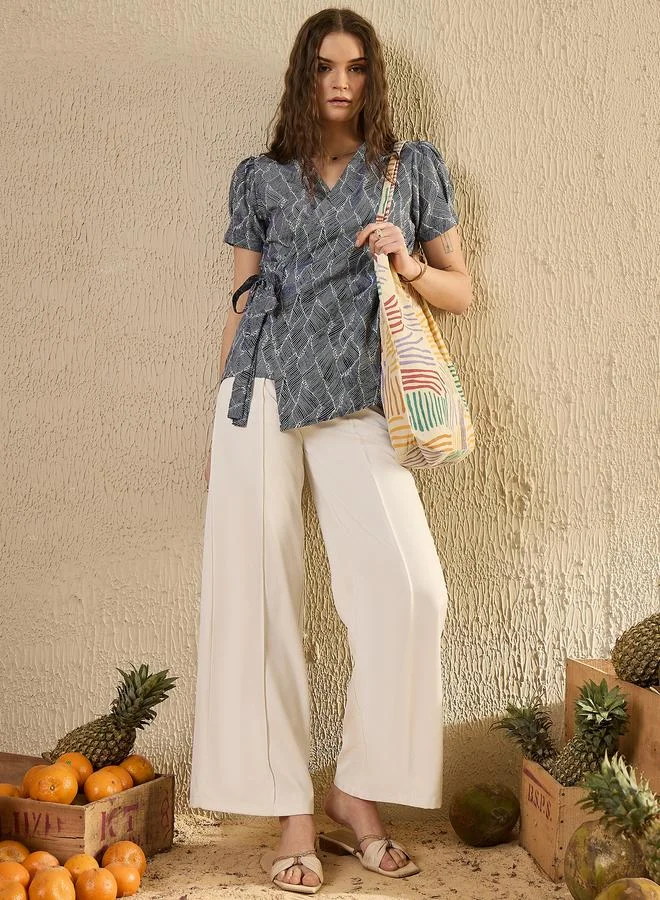 sanskrutihomes Sanskrutihomes Geometric Print Puff Sleeve Cotton Top