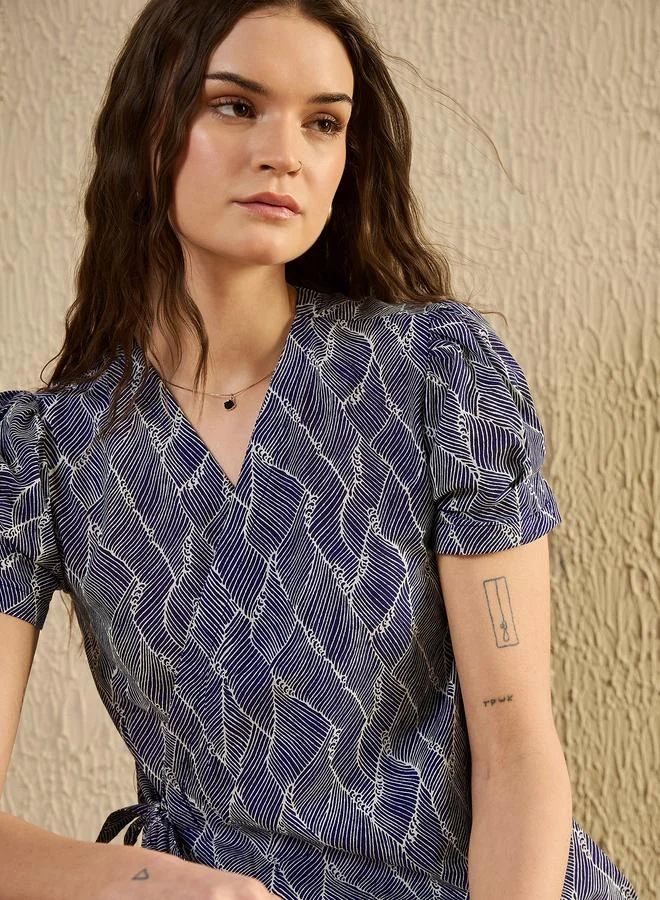 sanskrutihomes Sanskrutihomes Geometric Print Puff Sleeve Cotton Top